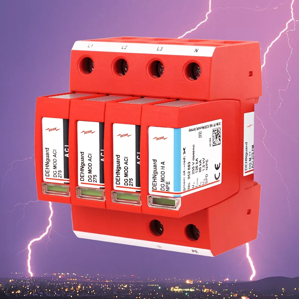 Red modular surge protection device with multiple pluggable modules, shown against a stormy sky with lightning in the background.
