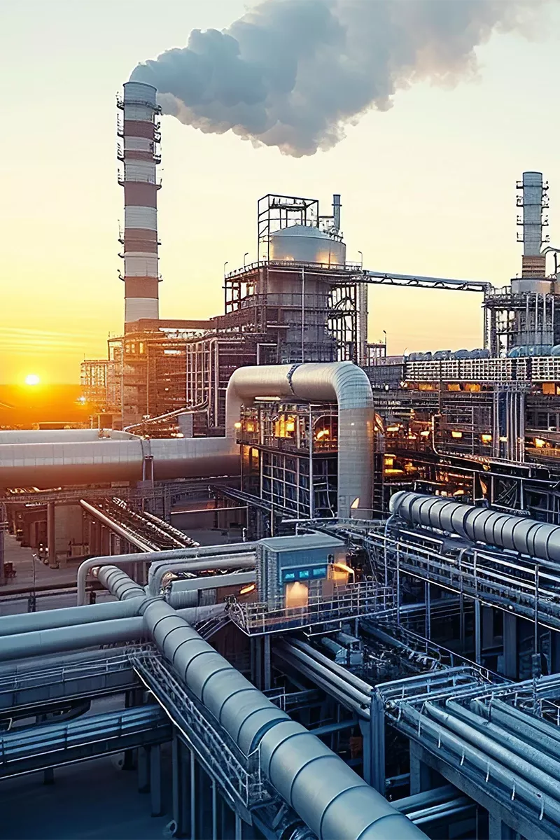 Industrieanlage mit Schornstein bei Sonnenuntergang